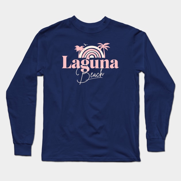 Laguna Beach Vintage Half Sunset Tee with Pink Palm Trees and Script Font Long Sleeve T-Shirt by Christmas Clatter